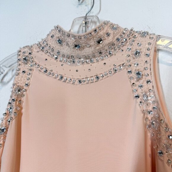 Pink Mini Cocktail Sheath Dress Sequin Rhinestone Cocktail Mock Neck 4 - Picture 5 of 13